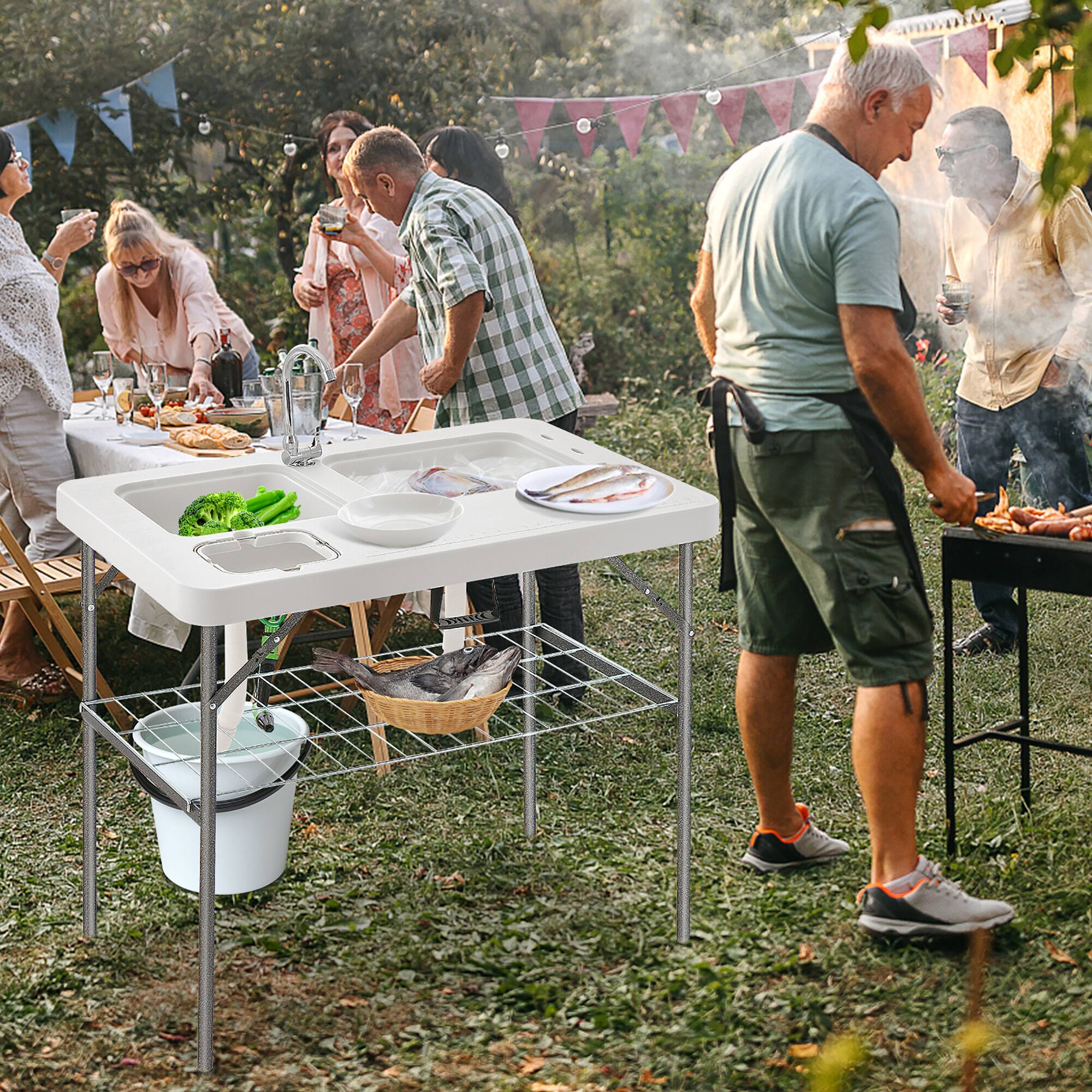 Alt View 1. Gymax - Gymax 2-in-1 Folding Fish Cleaning Table Portable Camping Table w/ Faucet White - White.