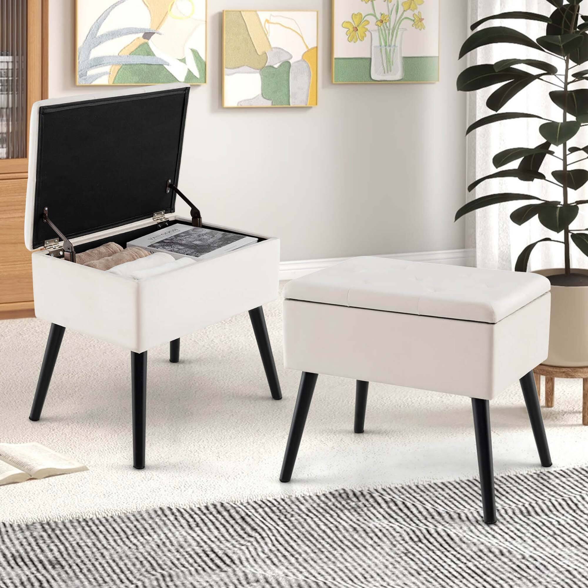 Alt View 4. Costway - Costway Velvet Vanity Stool Ottoman with Storage Solid Wood Legs Flip-Up Top for Entryway Beige - Beige.