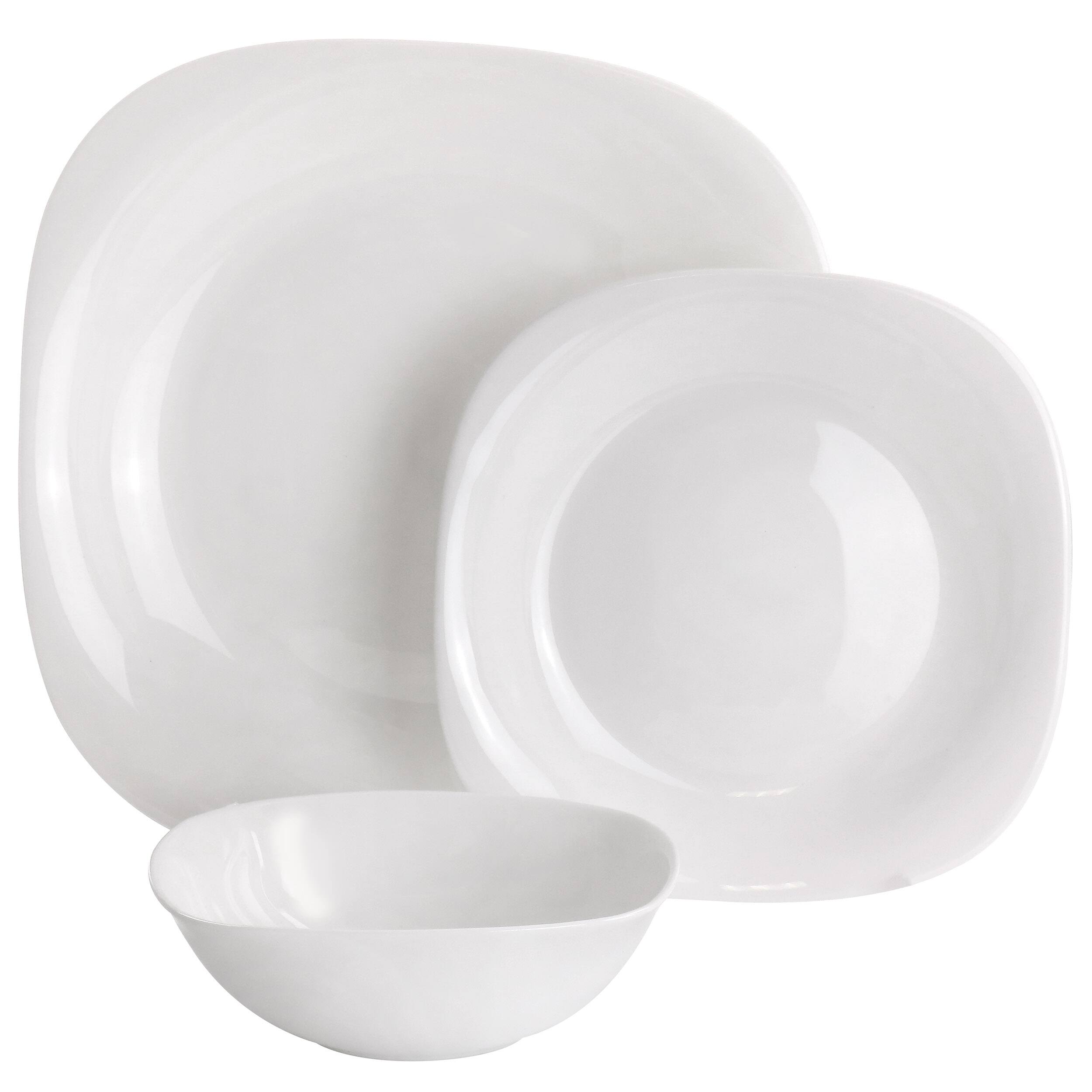 Alt View 1. Gibson - Gibson Ultra Piazza 18 Piece Soft Square Tempered Opal Glass Dinnerware Set in White - White.