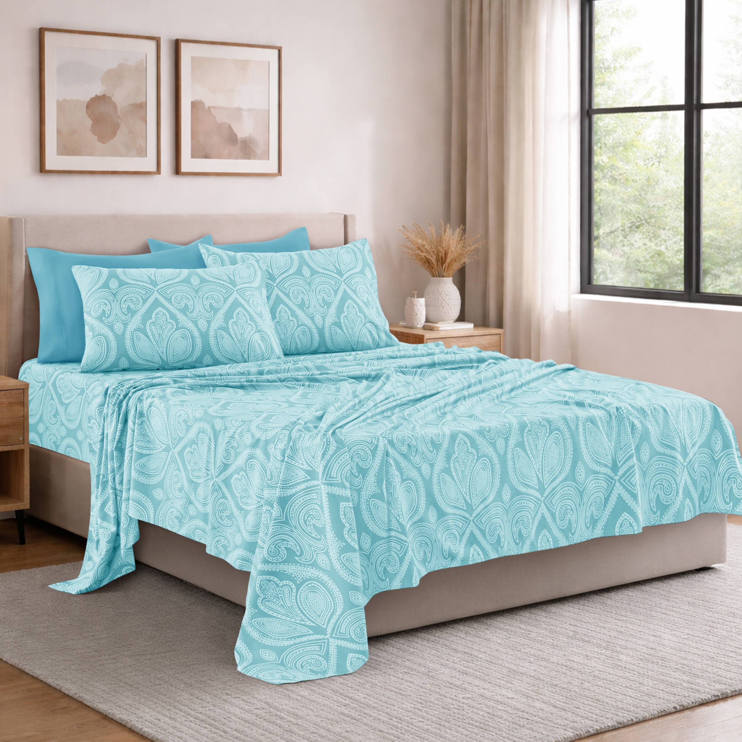 Angle. Lux Decor Collection - Lux Decor Collection 6-Piece Queen Sheet Set, Paisley Design Brushed Microfiber Deep Pocket Sheets - Blue.