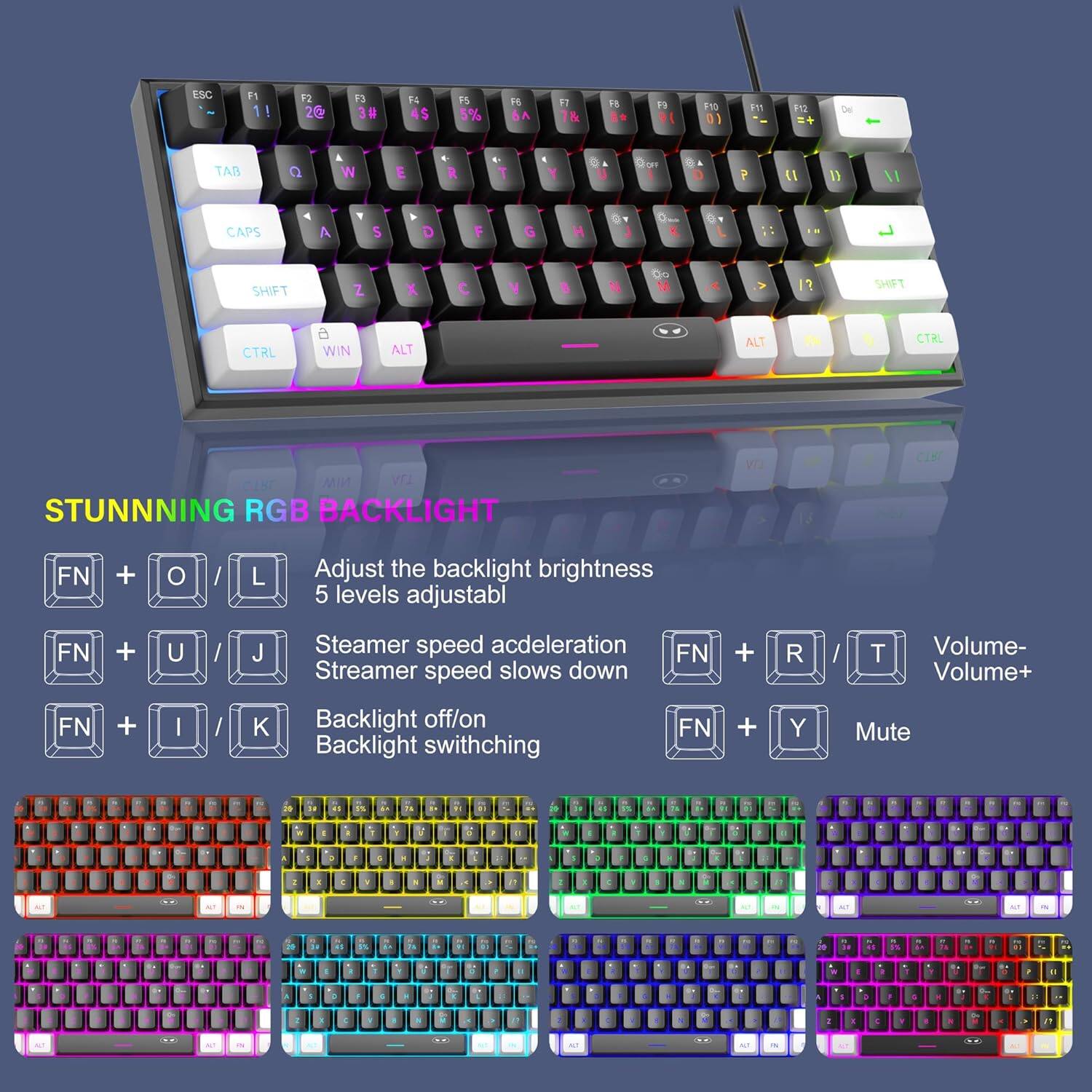 ESC  
F1 1!  
F2 2@  
F3 3#  
F4 4$  
F5 5%  
F6  
F7 7&  
F8  
F9  
F10 01  
F11  
F12  
Del  
TAB  
Q  
W  
E  
R  
T  
P  
JJ  
11  
//  
CAPS  
A  
S  
D  
F  
G  
H  
SHIFT  
Z  
X  
C  
V  
B  
N  
M  
?  
SHIFT  
CTRL  
6 WIN  
ALT  
ALT  
IN  
CTRL  
CLBT  
MIN  
STUNNING RGB BACKLIGHT  
FN  
+  
O  
/  
L  
Adjust the backlight brightness 5 levels adjustable  
FN  
+  
U  
/  
J  
Streamer speed acceleration FN Streamer speed slows down  
FN  
+  
I  
/  
K  
Backlight off/on Backlight switching  
FN  
+  
Y  
Mute  
DIA  
45  
15  
LE  
1g  
11  
"  
00  
31  
IS  
N  
W  
:  
-  
1  
Y  
G  
0  
!  
