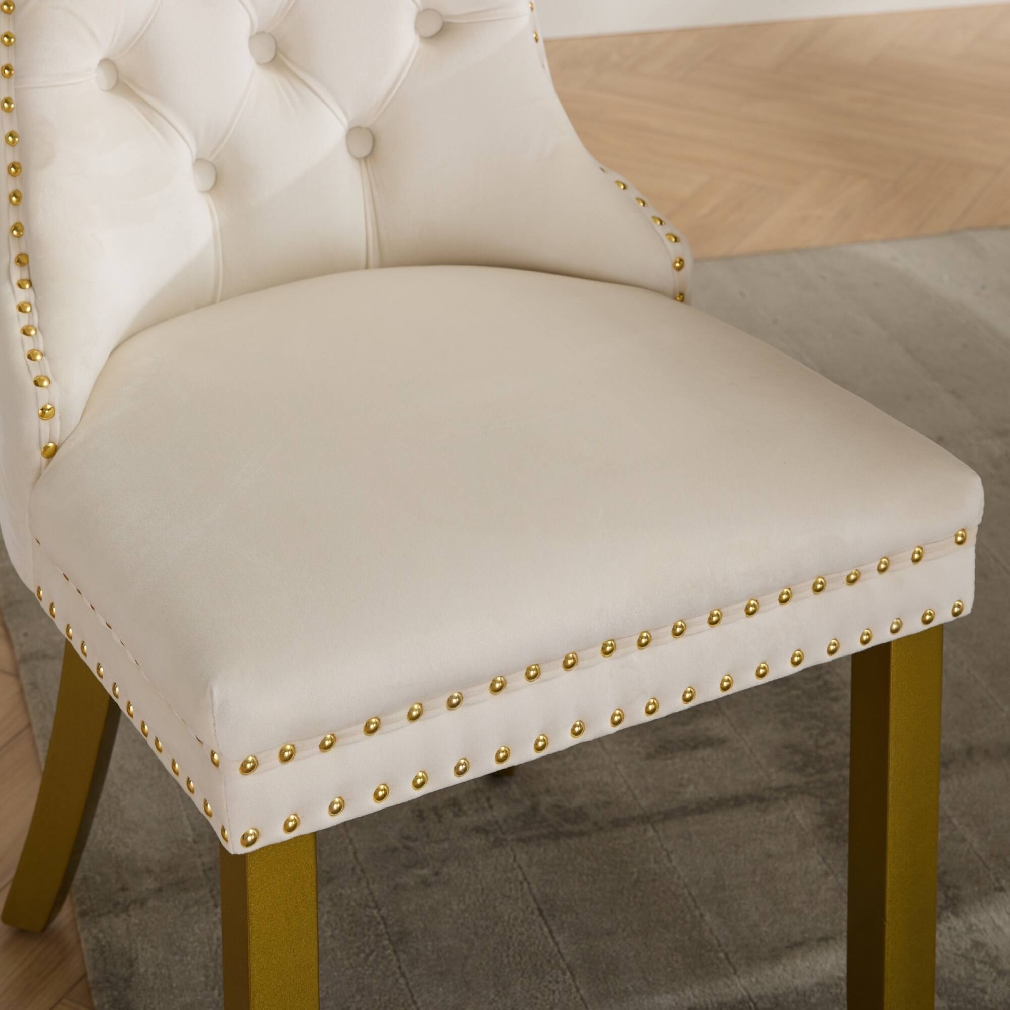 Alt View 7. GOODSILO - Modern High-End Tufted Velvet Upholstered Dining Chairs with Solid Wood Legs and Nailhead Trim, Set of 2 - Milk White.