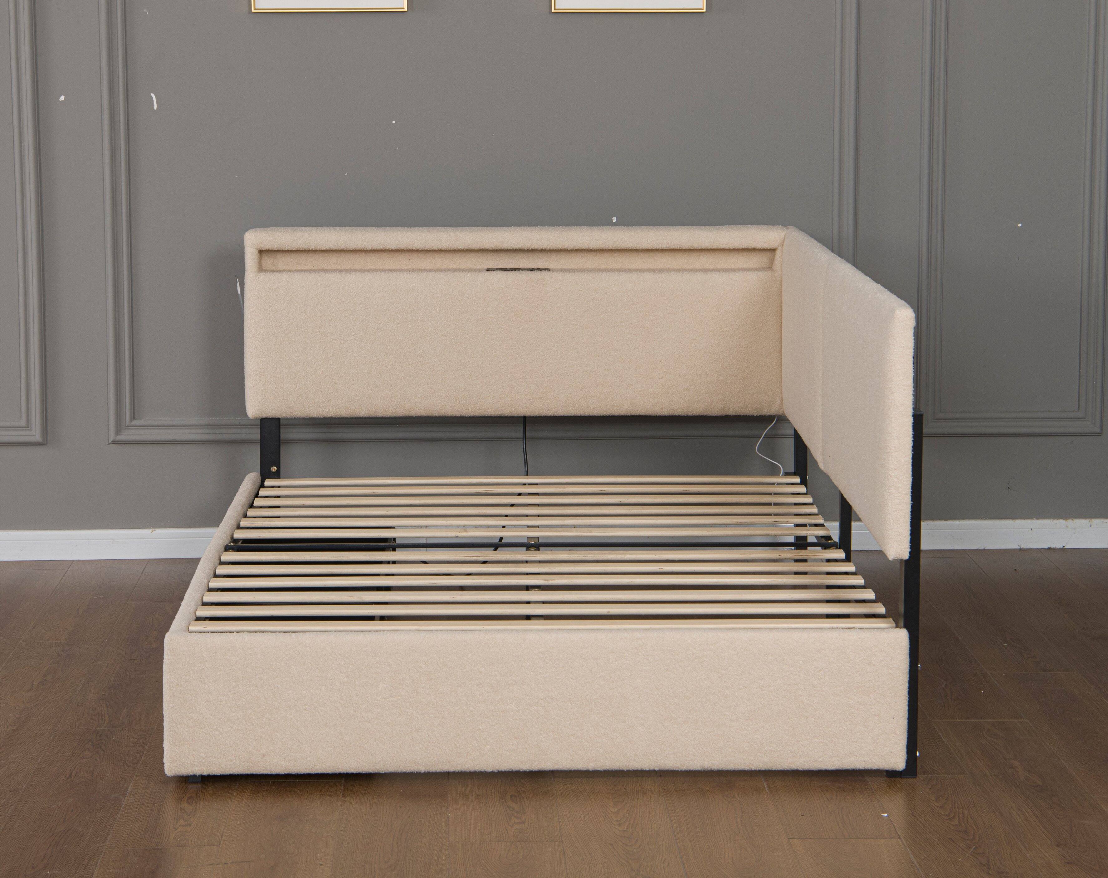 Alt View 1. LUCKY ONE - Full Size Upholstered Boucle Bed Frame with 2 Storage Drawers, LED light and USB Charging Design - Beige.