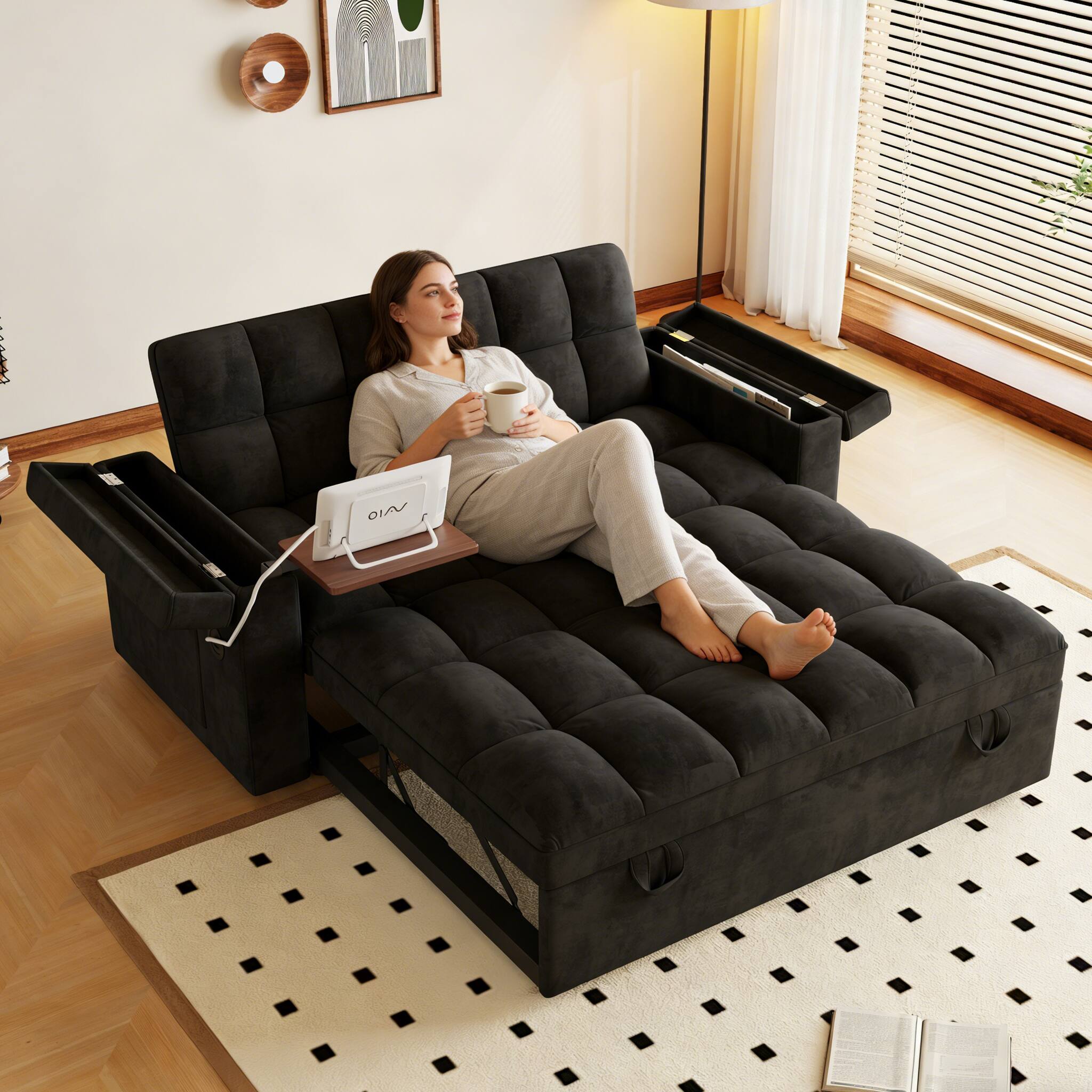 Alt View 2. Anysun - 65" Velvet Sofa Bed - 3-in-1 Foldable Design, Adjustable Back, USB & Storage Armrests with Table Board - Black.