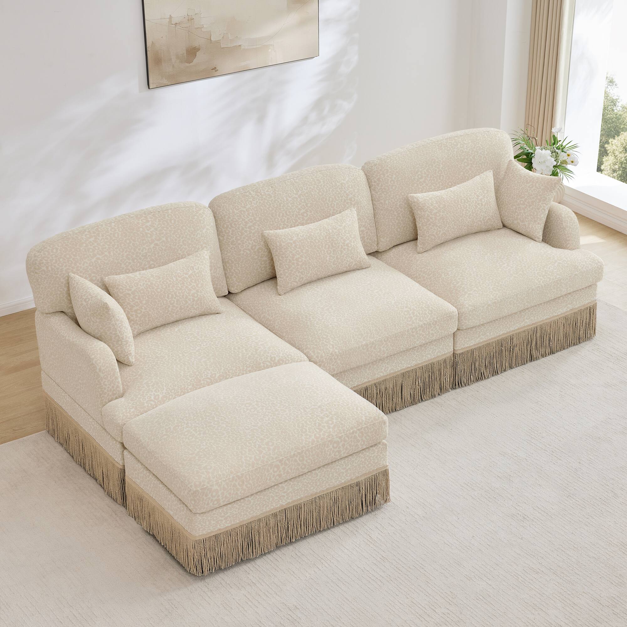 Left. Anysun - Modern Fashion Style L-Shaped Chenille Leopard Print Sofa with Movable Ottoman & Tassel Edge, Easy Assembly, Deep Seat - Beige.