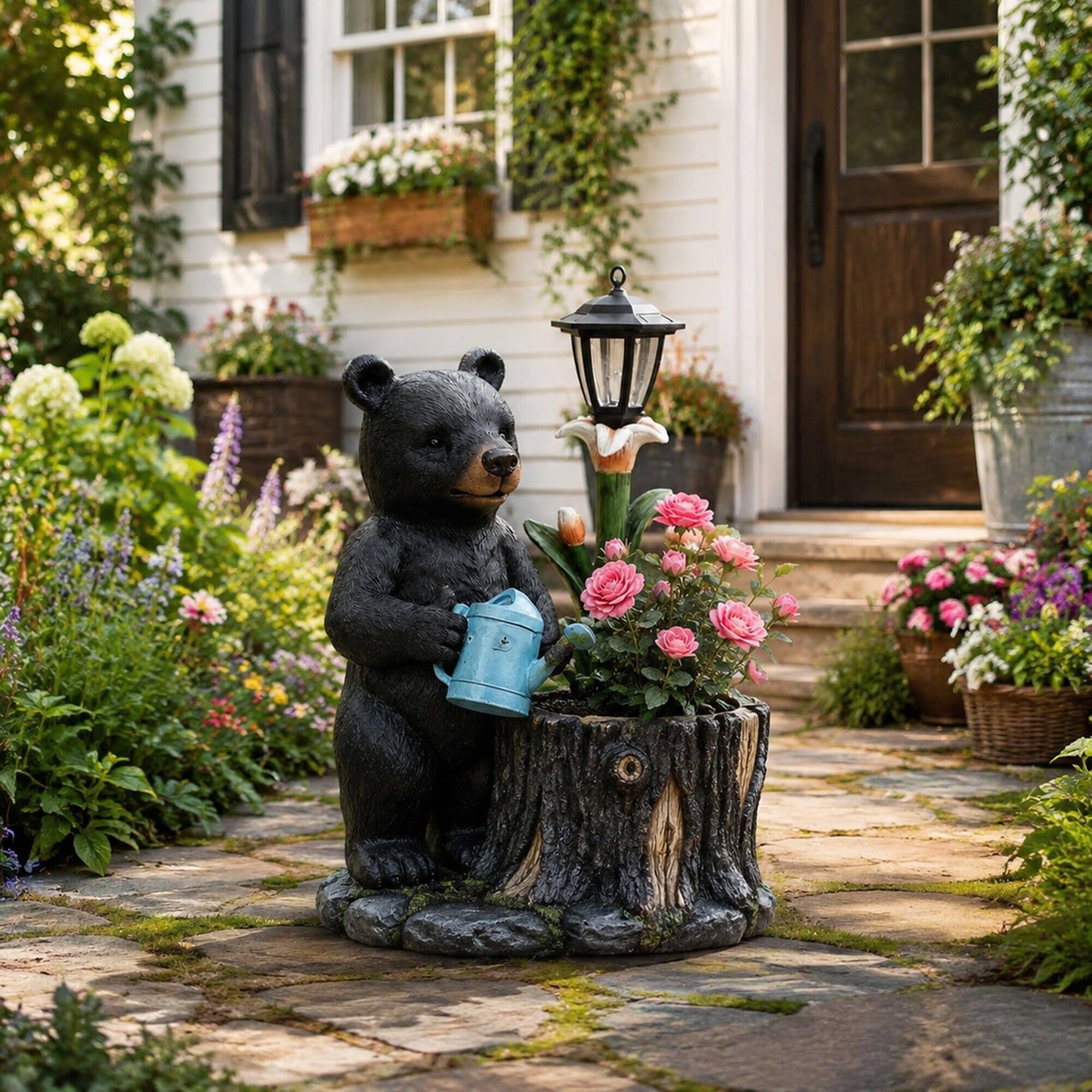 Left. RYHNUYNE - Whimsical Polyresin Black Bear Garden Planter with Solar Lantern and Flower Bird Feeder for Porch Patio and Cabin - Black.