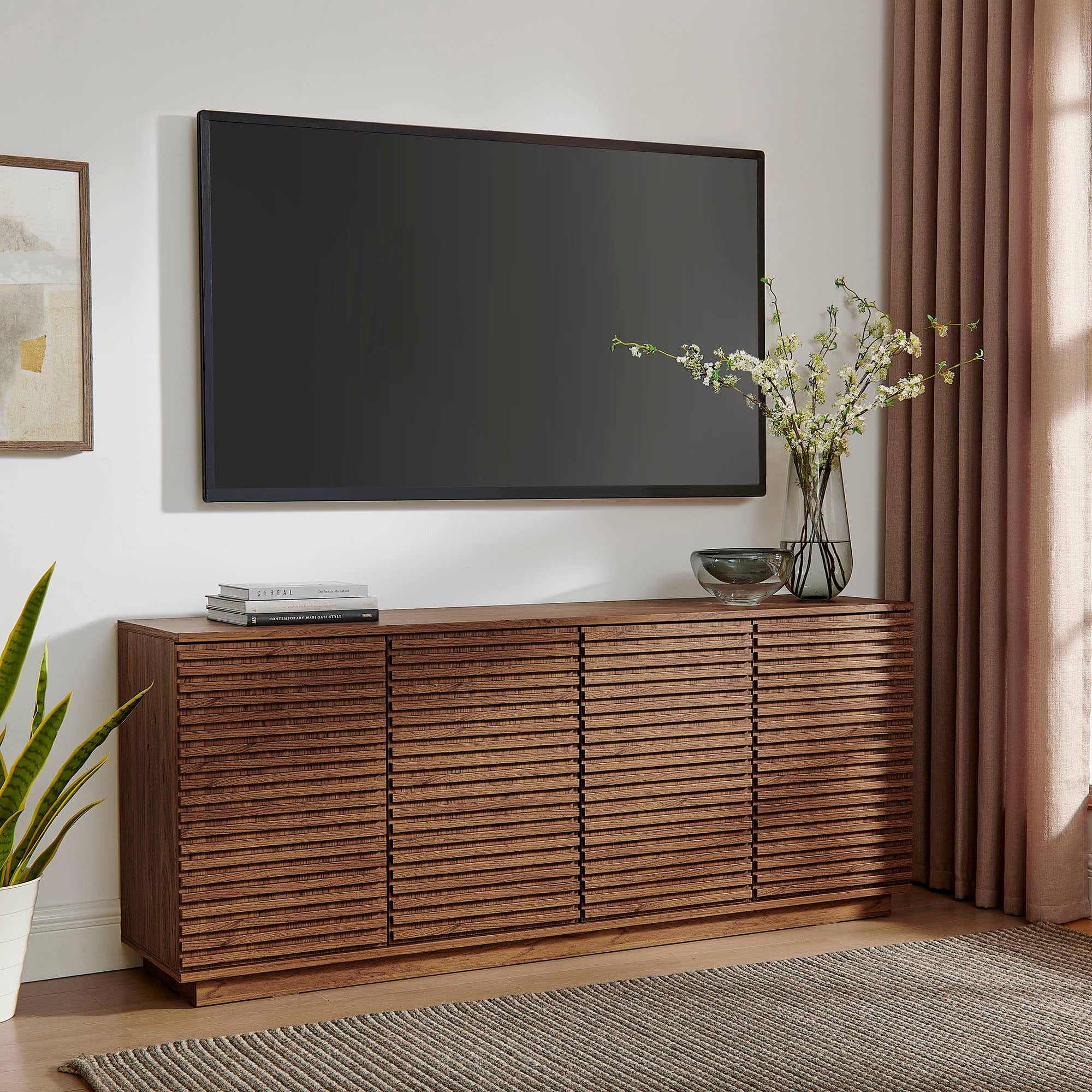 Render 4-Door Fluted Sideboard Cabinet TV Stand by Modway - Walnut