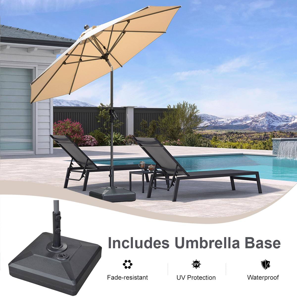 Includes Umbrella Base  
- Fade-resistant  
- UV Protection  
- Waterproof