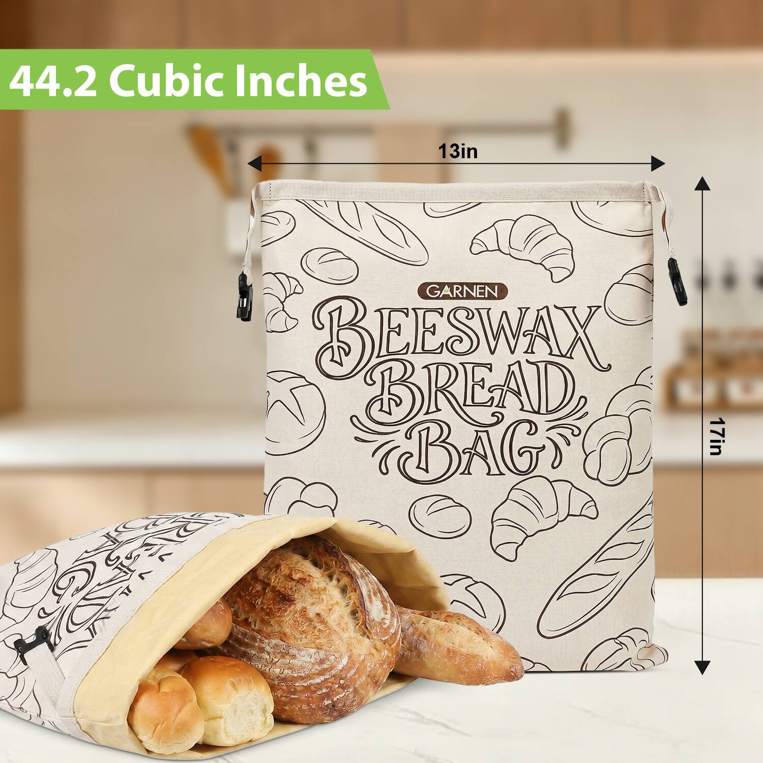 44.2 Cubic Inches  
13in GARNEN BEESWAX BREAD BAG  
17in