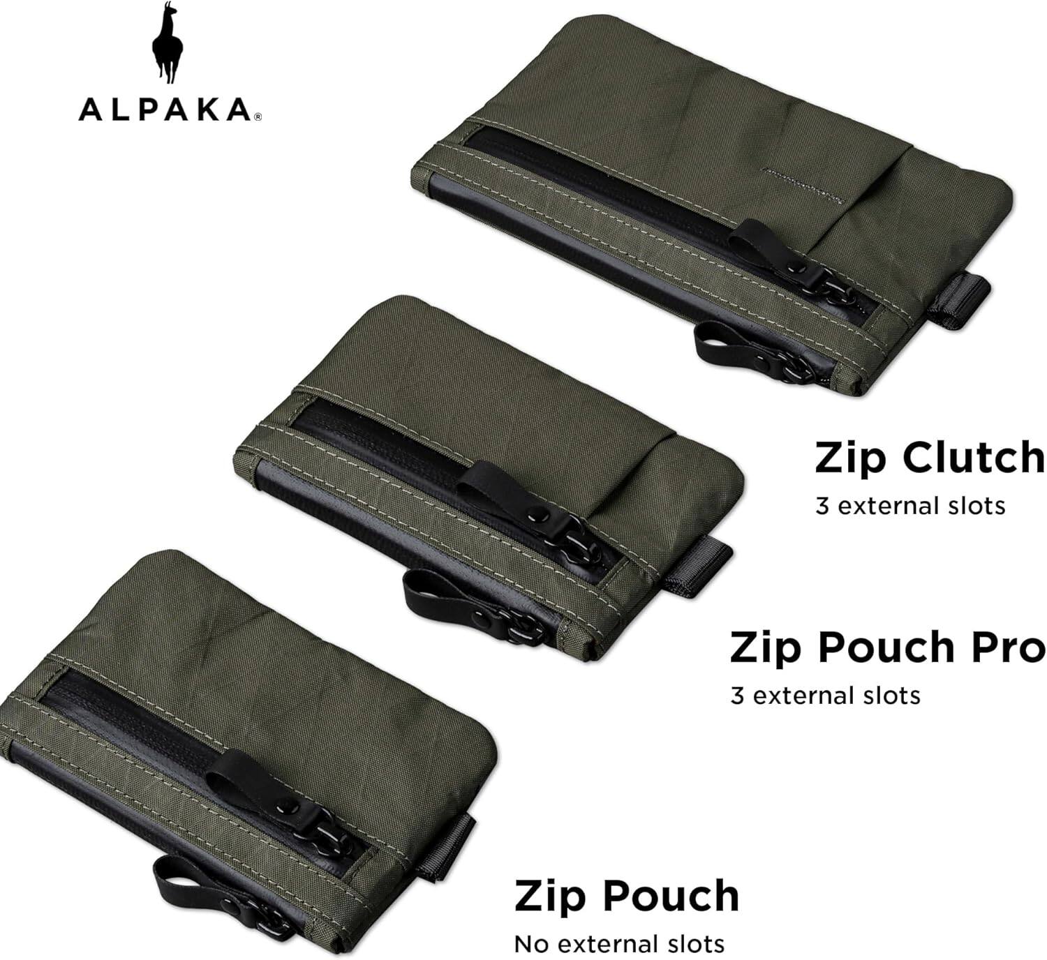 ALPAKA

Zip Clutch  
3 external slots

Zip Pouch Pro  
3 external slots

Zip Pouch  
No external slots