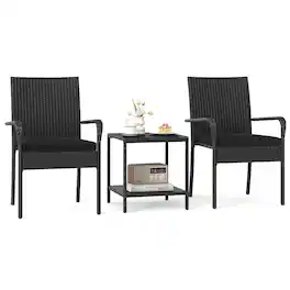 Costway - 3 PCS Patio Furniture Set with 2-Tier Table Tempered Glass Tabletop & Soft Cushions - Black