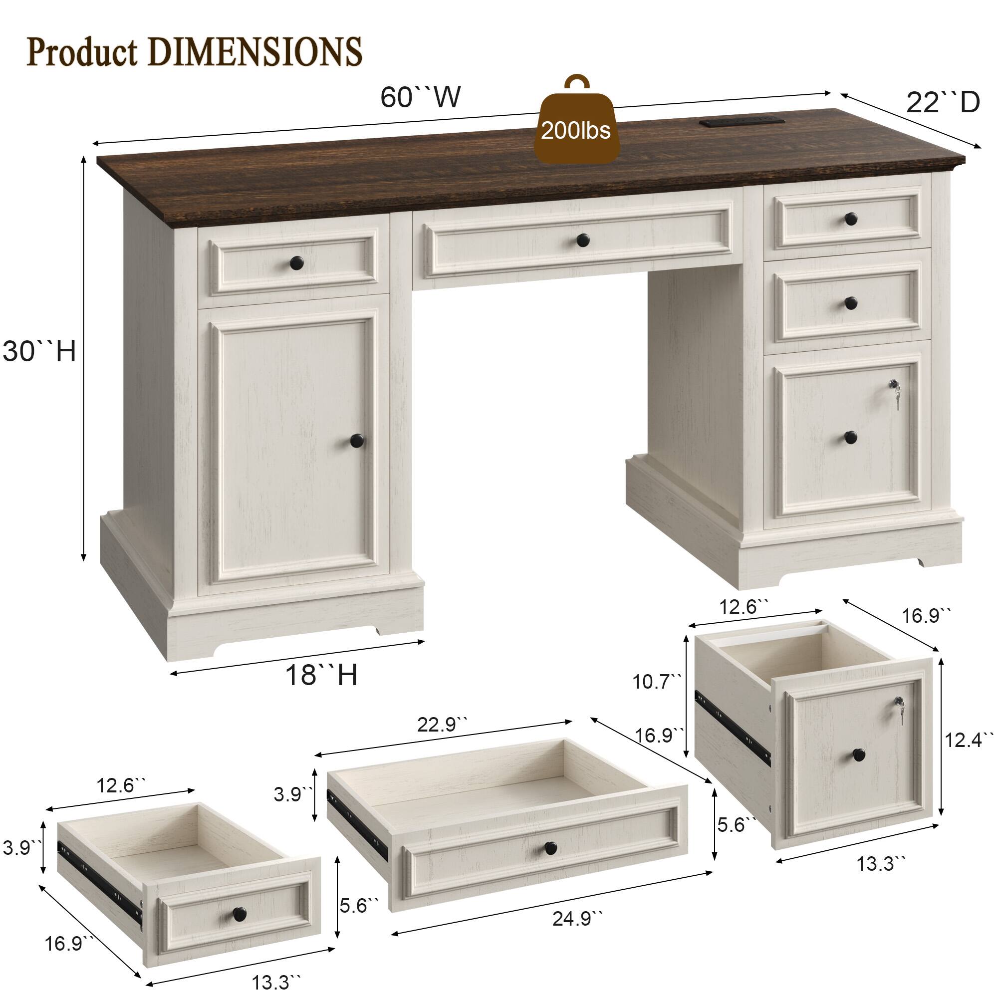 Product DIMENSIONS  
60"W x 22"D x 30"H  
200lbs  

Drawer Dimensions:  
- 12.6"W x 16.9"D x 3.9"H  
- 12.6"W x 16.9"D x 3.9"H  
- 10.7"W x 16.9"D x 5.6"H  
- 12.4"W x 16.9"D x 5.6"H  
- 13.3"W x 16.9"D x 5.6"H  
- 13.3"W x 22.9"D x 5.6"H  
- 13.3"W x 24.9"D x 5.6"H  

Cabinet Dimensions:  
- 18"H x 22.9"W x 22.9"D