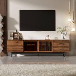 MERAVOM - Mid-Century Modern TV Stand for TVs Up to 85", Entertainment Center with Storage Cabinets and 2 Drawers for Living Room - Walnut