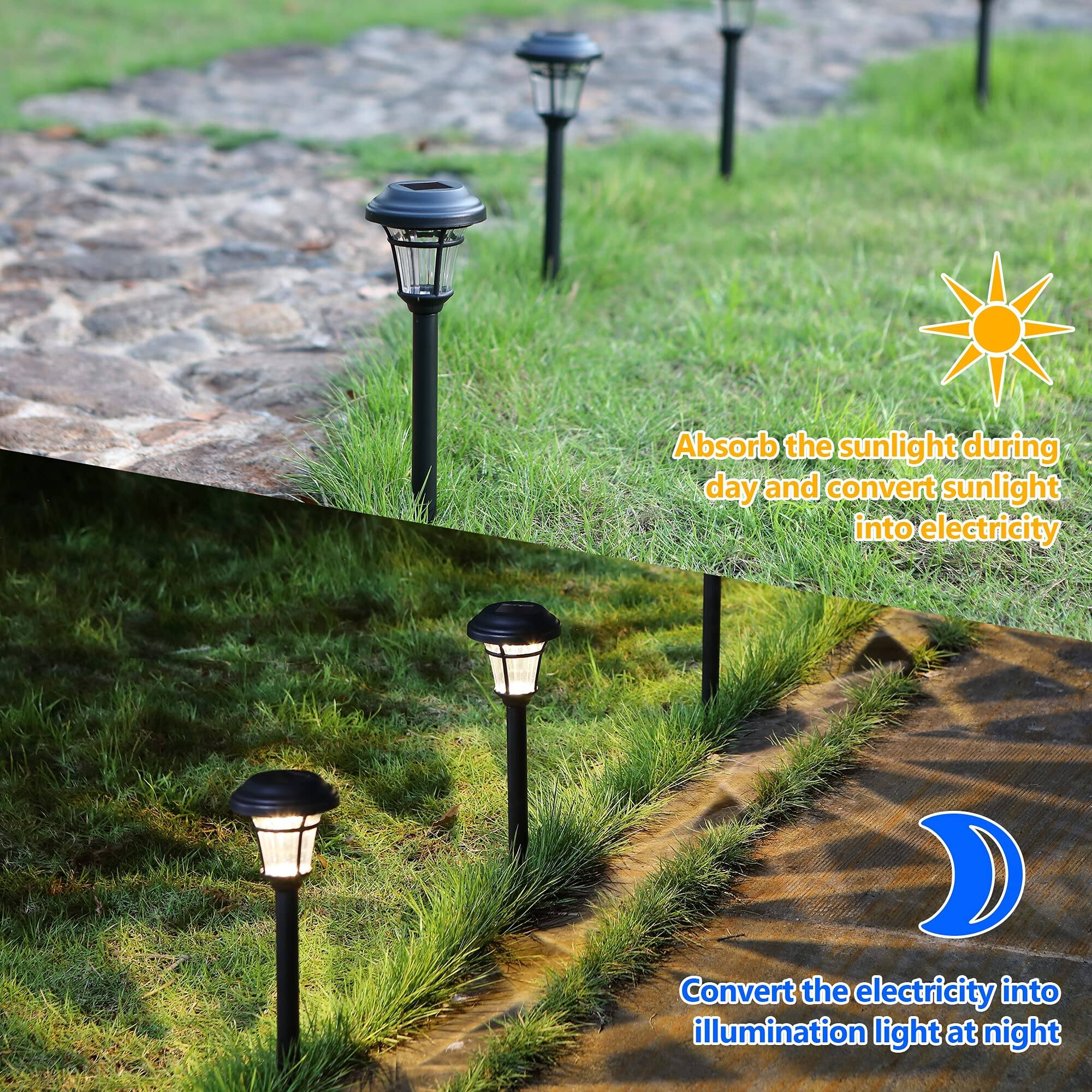 Absorb the sunlight during the day and convert sunlight into electricity.  
Convert the electricity into illumination light at night.