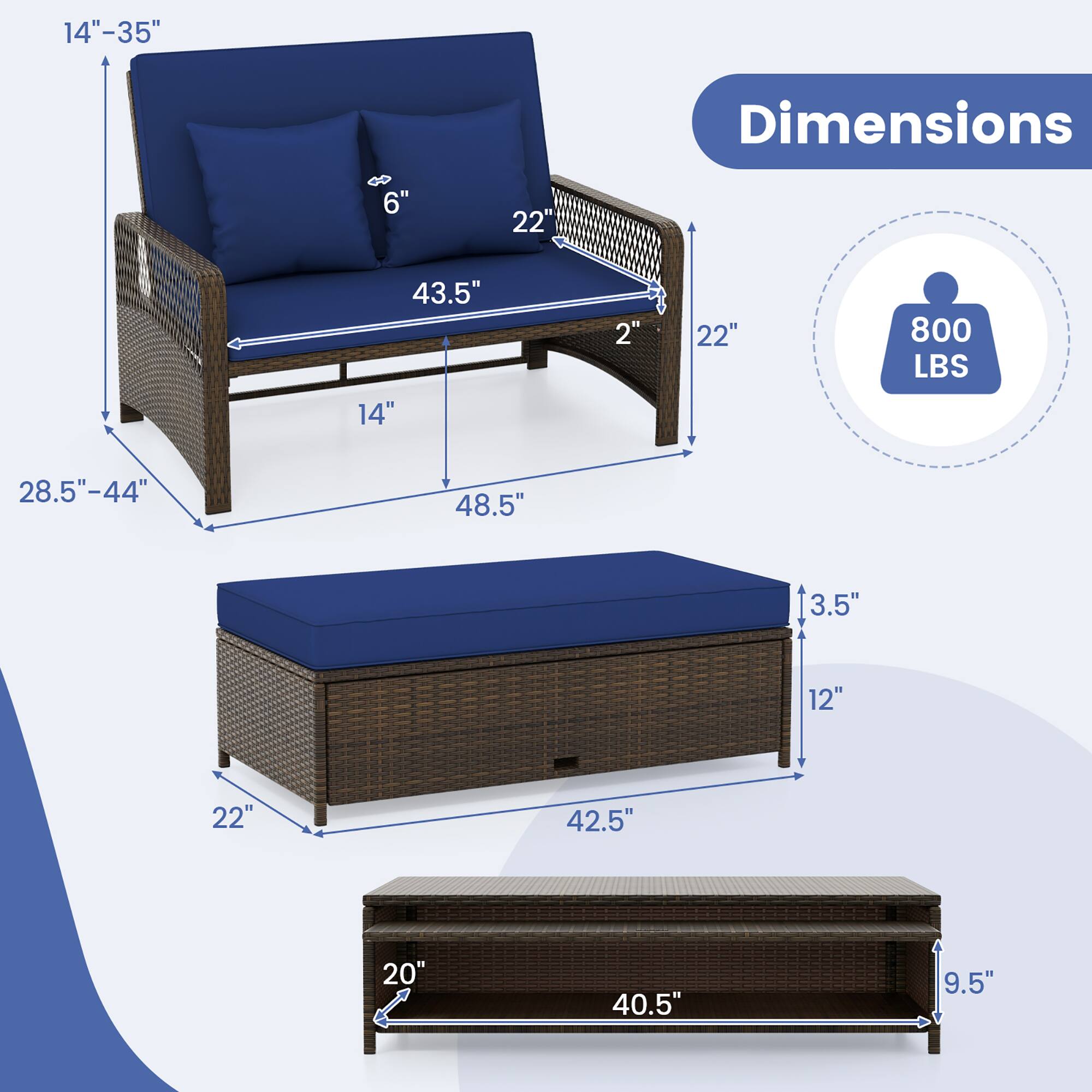 Sure, here are the corrected dimensions from the image:

- **Couch:**
  - Height: 14" - 35"
  - Depth: 28.5" - 44"
  - Width: 48.5"
  - Seat Height: 14"
  - Seat Depth: 22"
  - Seat Width: 43.5"
  - Back Height: 22"
  - Arm Height: 6"
  - Arm Width: 2"

- **Ottoman:**
  - Height: 3.5"
  - Depth: 22"
  - Width: 42.5"

- **Coffee Table:**
  - Height: 12"
  - Depth: 20"
  - Width: 40.5"
  - Top Thickness: 3.5"
  - Bottom Thickness: 9.5"

- **Weight Capacity:**
  - 800 LBS