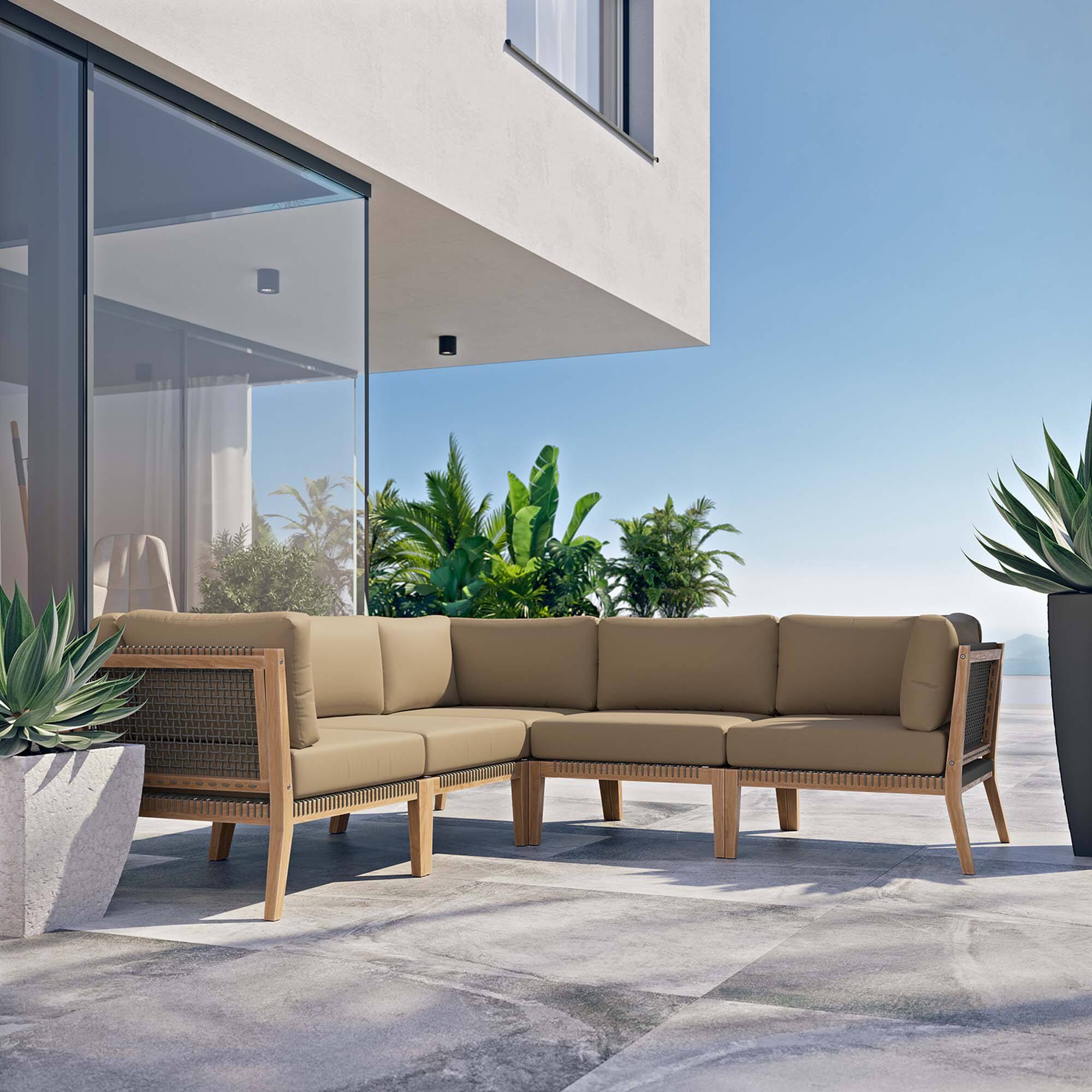 Alt View 6. Modway - Clearwater 5-Piece Outdoor Teak Wood Sectional Sofa - Gray Light Brown.
