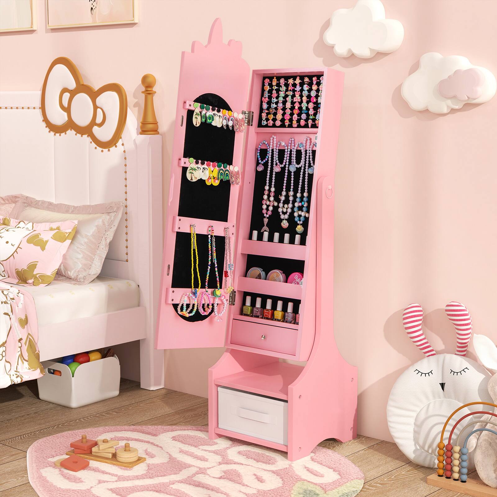 Alt View 1. Costway - Costway Kids Jewelry Cabinet with Full-Length Mirror 2 Adjustable Tilt Angles Drawer - Pink.
