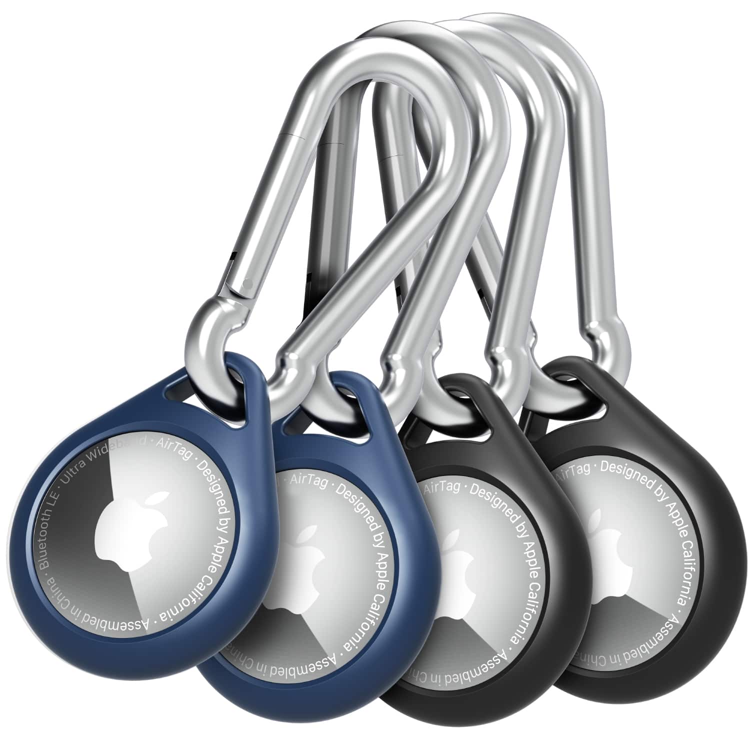 Vena - 4x For Apple AirTag Holder, AirTag Keychain Silicone, AirTag Case Cover with Carabiner For Pet Dog Cat Collar Backpack - Black|Blue