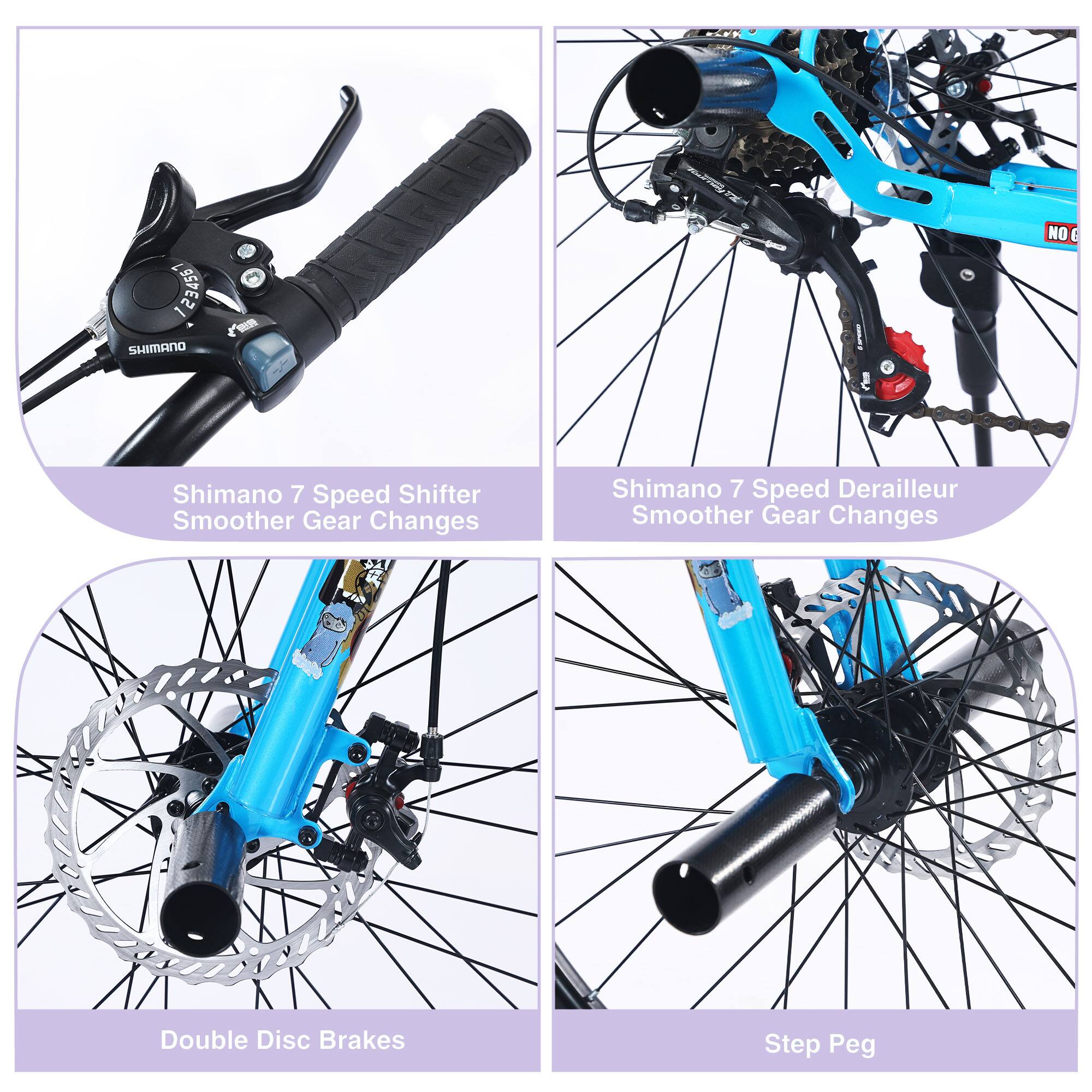 - Shimano 7 Speed Shifter
  - Smoother Gear Changes

- Shimano 7 Speed Derailleur
  - Smoother Gear Changes

- Double Disc Brakes

- Step Peg