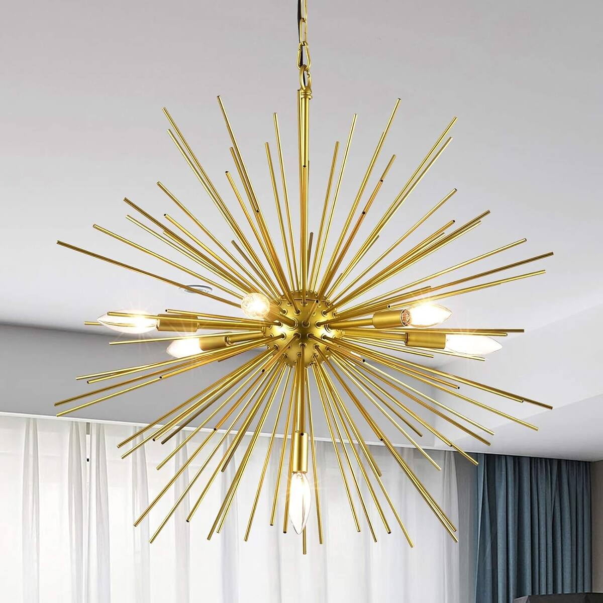 Back. Loheer - Loheer 7 Light Gold Sputnik Chandelier, 25.6 Inch Modern Starburst Ceiling Light.