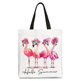 OrnamentallyYou - Flamingo Hello Summer Canvas Tote Bag, Retro Gift Shopper with Tropical Birds - White Black