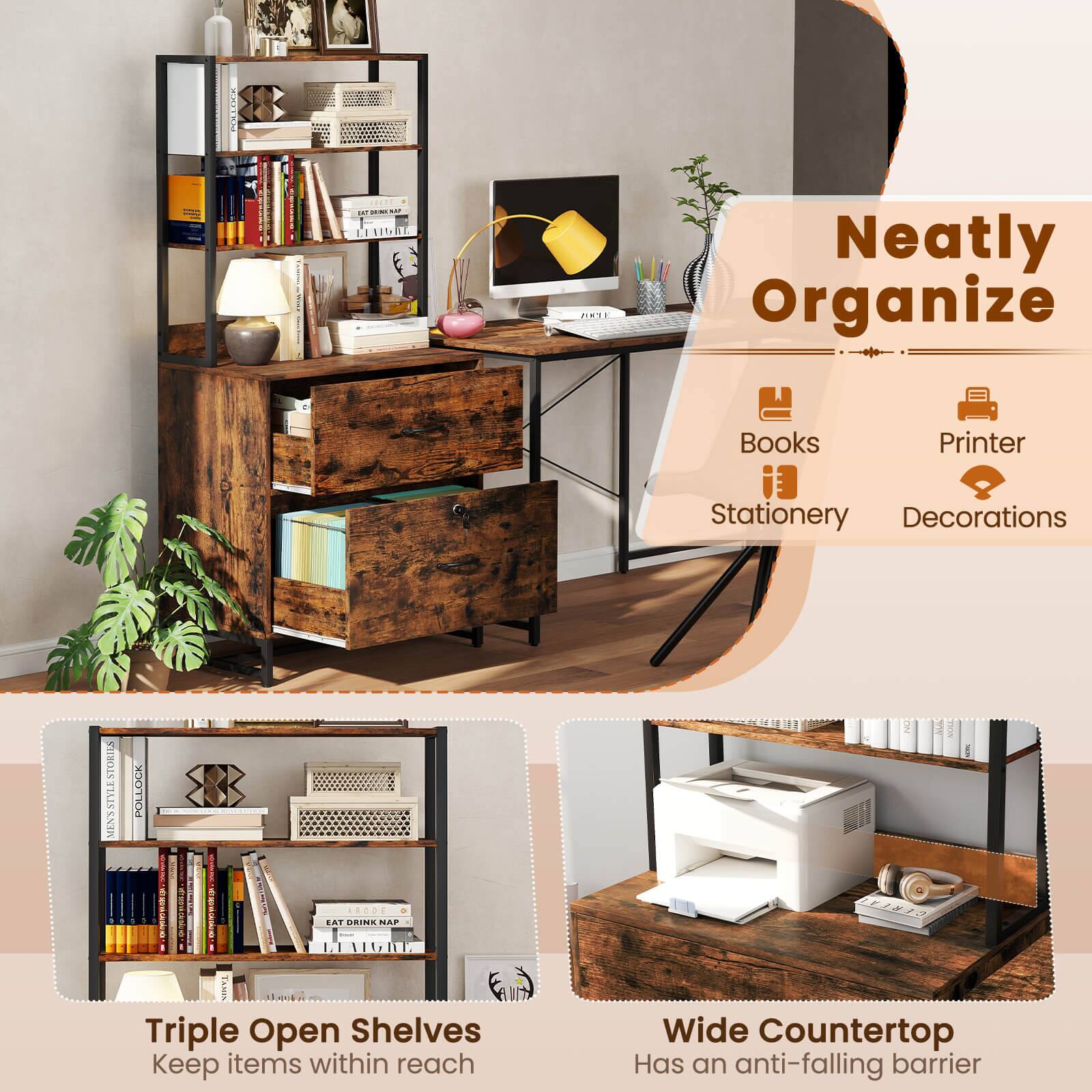 Neatly Organize  
Books  
Stationery  
Printer  
Decorations  

Triple Open Shelves  
Keep items within reach  

Wide Countertop  
Has an anti-falling barrier