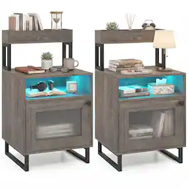Costway - 2 Pcs Nightstand with LED Lights, Modern End Table with Top Tray, Open Compartment - Gray
