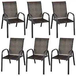 Gymax - 6PCS Outdoor PE Wicker Stacking Dining Chairs Patio Arm Chairs - Mix Brown