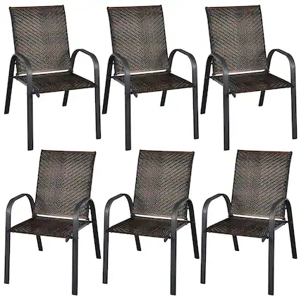 Front. Gymax - Gymax 6PCS Outdoor PE Wicker Stacking Dining Chairs Patio Arm Chairs Mix Brown - Mix Brown.