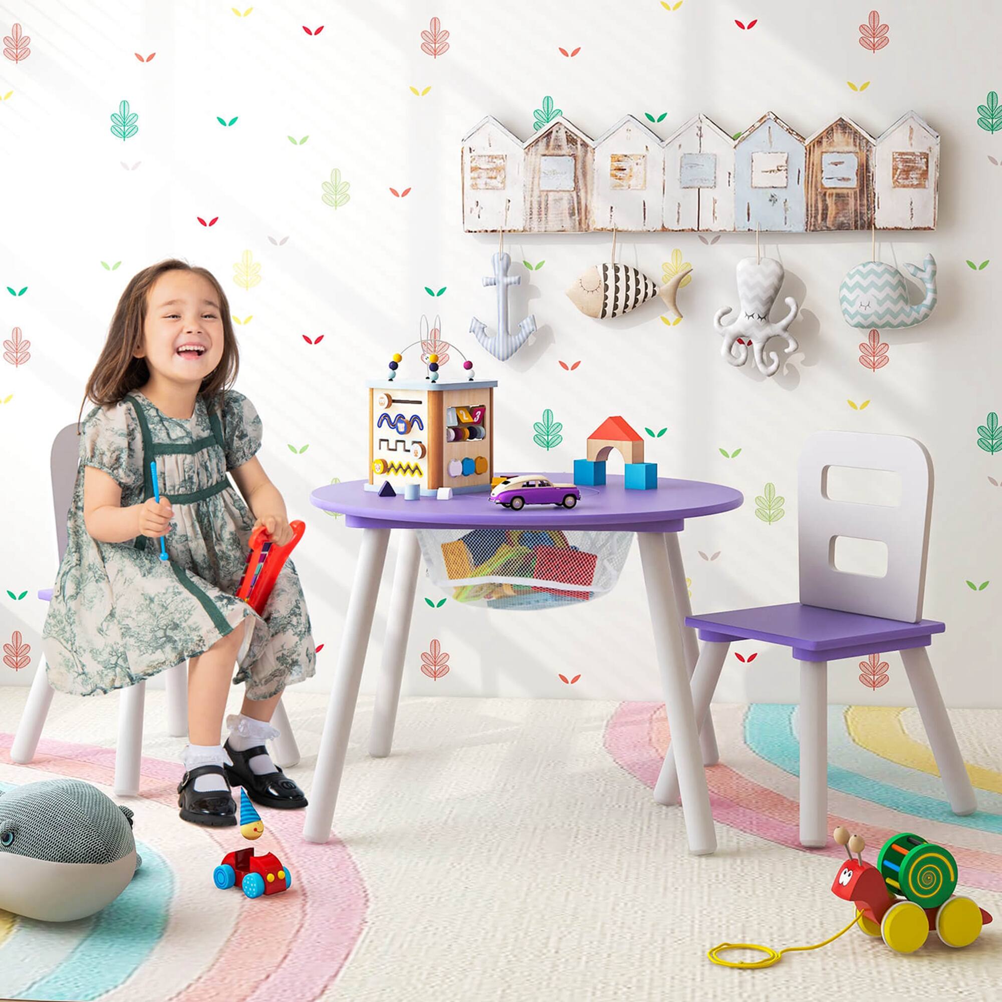 Alt View 3. Costway - Costway Kids Wooden Round Table & 2 Chair Set w/ Center Mesh Storage - Purple.
