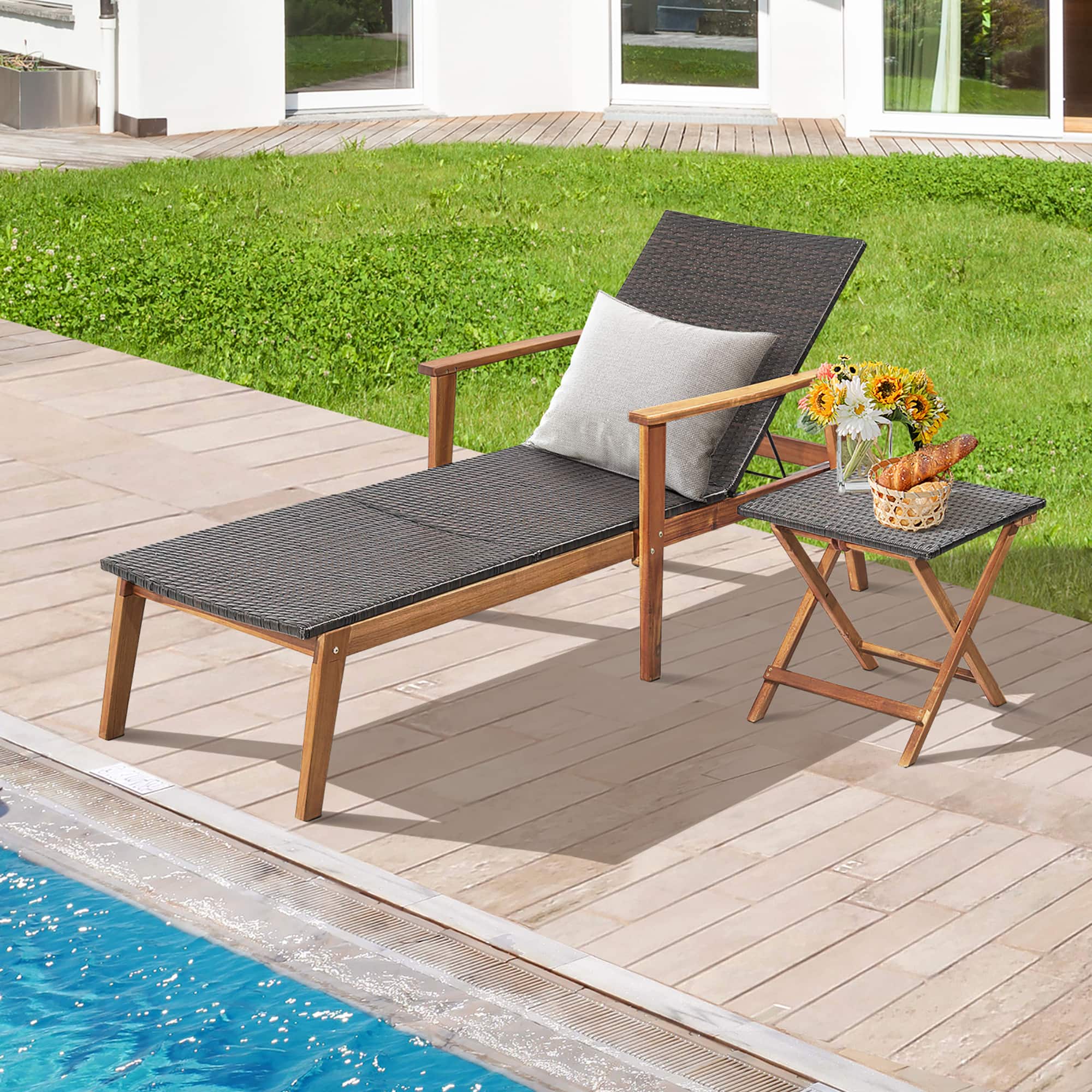 Gymax - 2PCS Patio Lounge Chair Adjustable Recliner Chair Acacia Wood Frame Folding Table Set - Mix Brown price history on PriceWatchPro