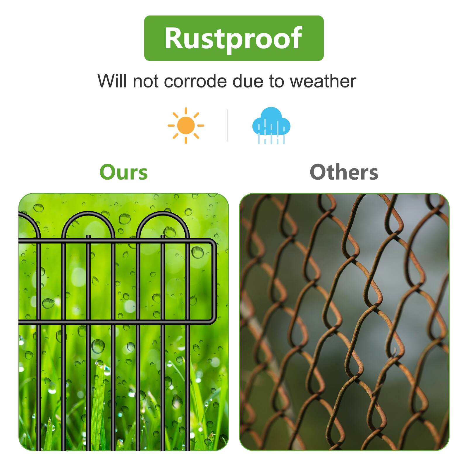 Rustproof  
Will not corrode due to weather  
Ours  
Others