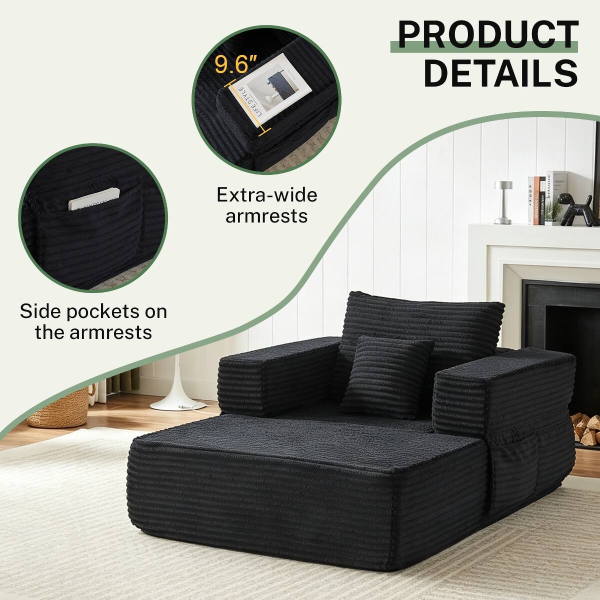 9.6" LIFESTYLE

PRODUCT DETAILS
Extra-wide armrests
Side pockets on the armrests