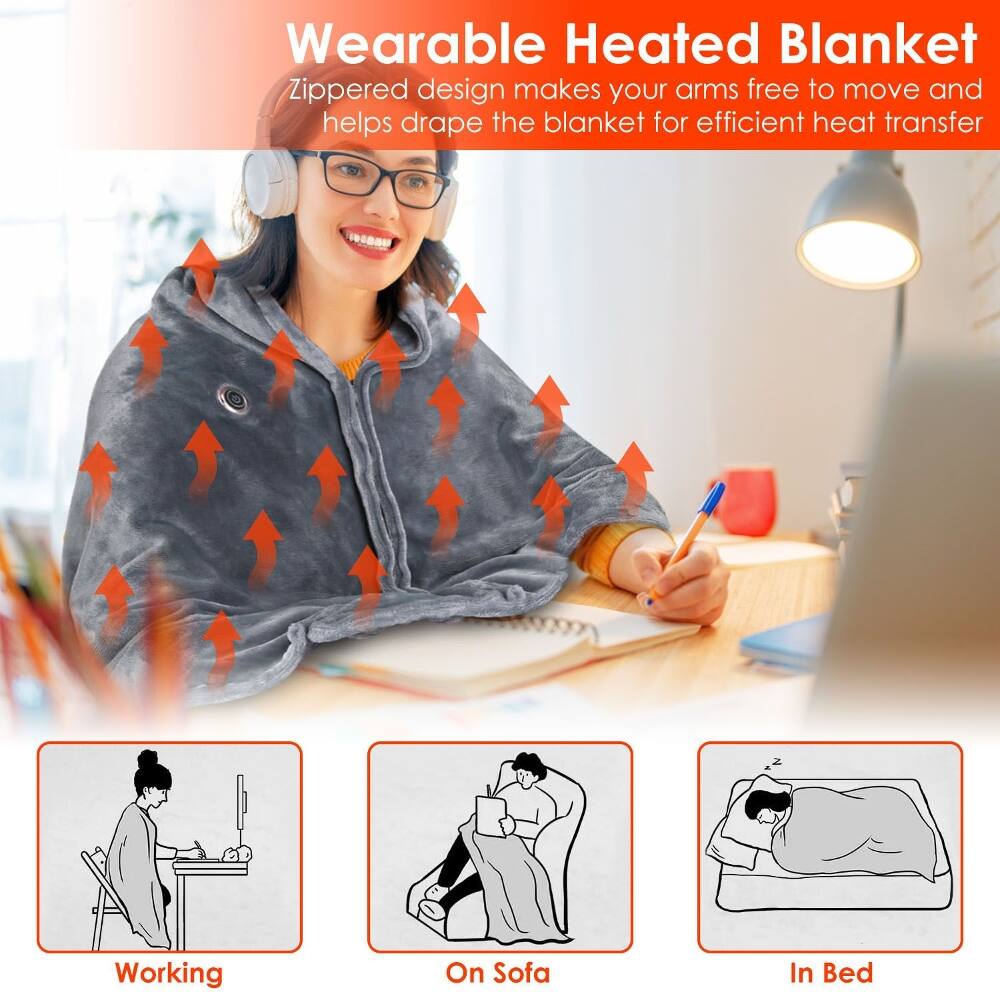 Wearable Heated Blanket  
Zippered design makes your arms free to move and helps drape the blanket for efficient heat transfer

Working  
On Sofa  
In Bed