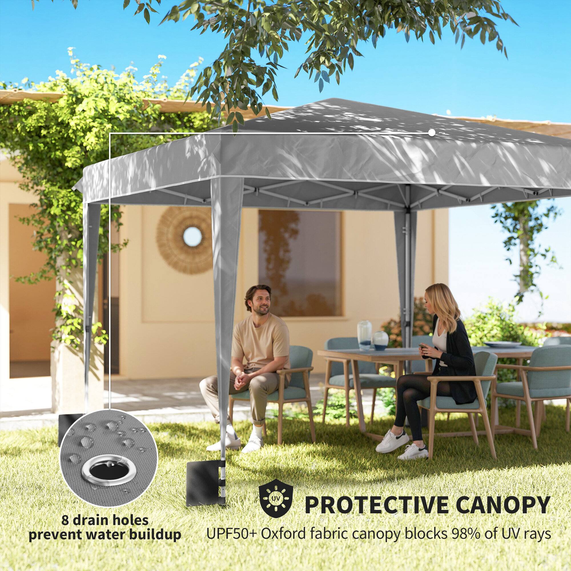 UV Protective Canopy  
8 drain holes prevent water buildup  
UPF50+ Oxford fabric canopy blocks 98% of UV rays