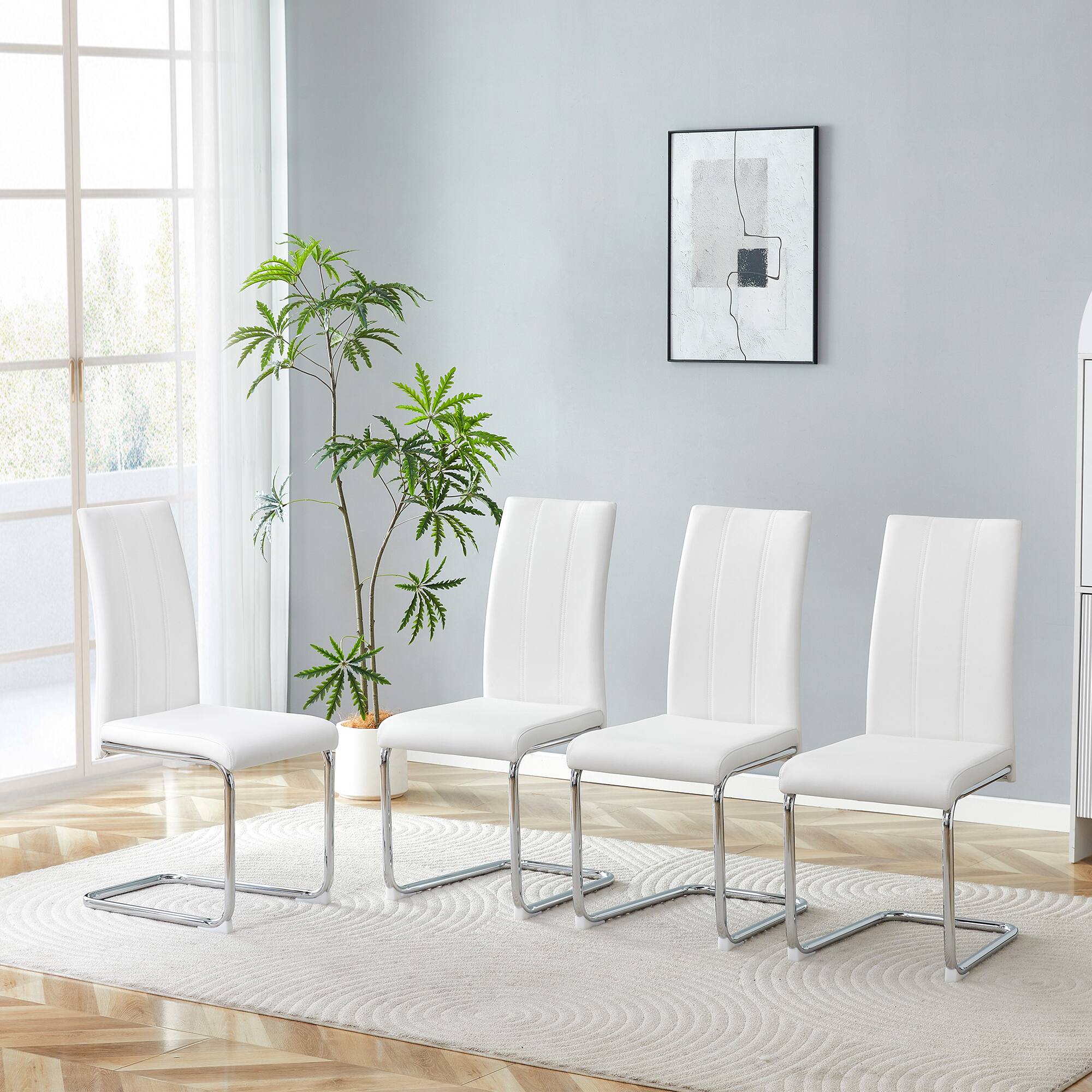 Front. Loheer - Modern High Back Dining Chairs Set of 4 with Chrome Legs 1.8x1.4x3.3ft - White.