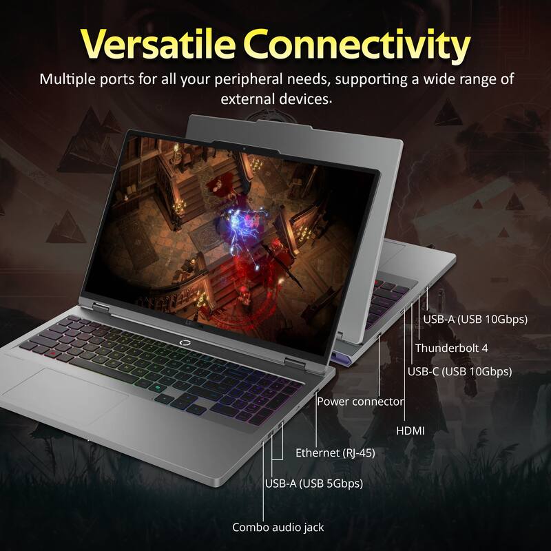 Versatile Connectivity  
Multiple ports for all your peripheral needs, supporting a wide range of external devices.  

- USB-A (USB 10Gbps)  
- Thunderbolt 4  
- USB-C (USB 10Gbps)  
- Power connector  
- HDMI  
- Ethernet (RJ-45)  
- USB-A (USB 5Gbps)  
- Combo audio jack