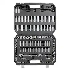Front. VEVOR - Socket Set, 1/4" and 3/8" Drive Socket and Ratchet Set, 6-Point Socket Opening, 106 Pcs Tool Set SAE and Metric - Silver.