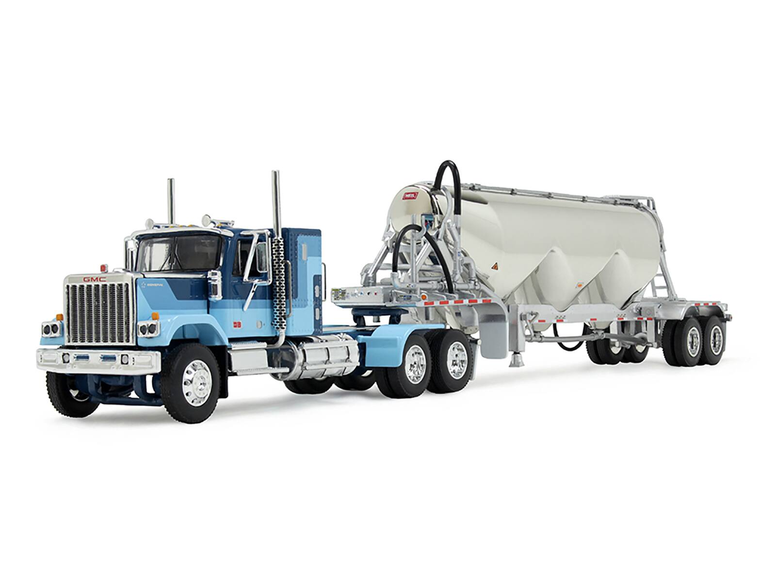 Angle. First Gear - GMC General with 34 Flat Top Sleeper and Heil Pneumatic Tank Trailer Blue with Stripes 1/64 &  by DCP/First Gear - Blue.