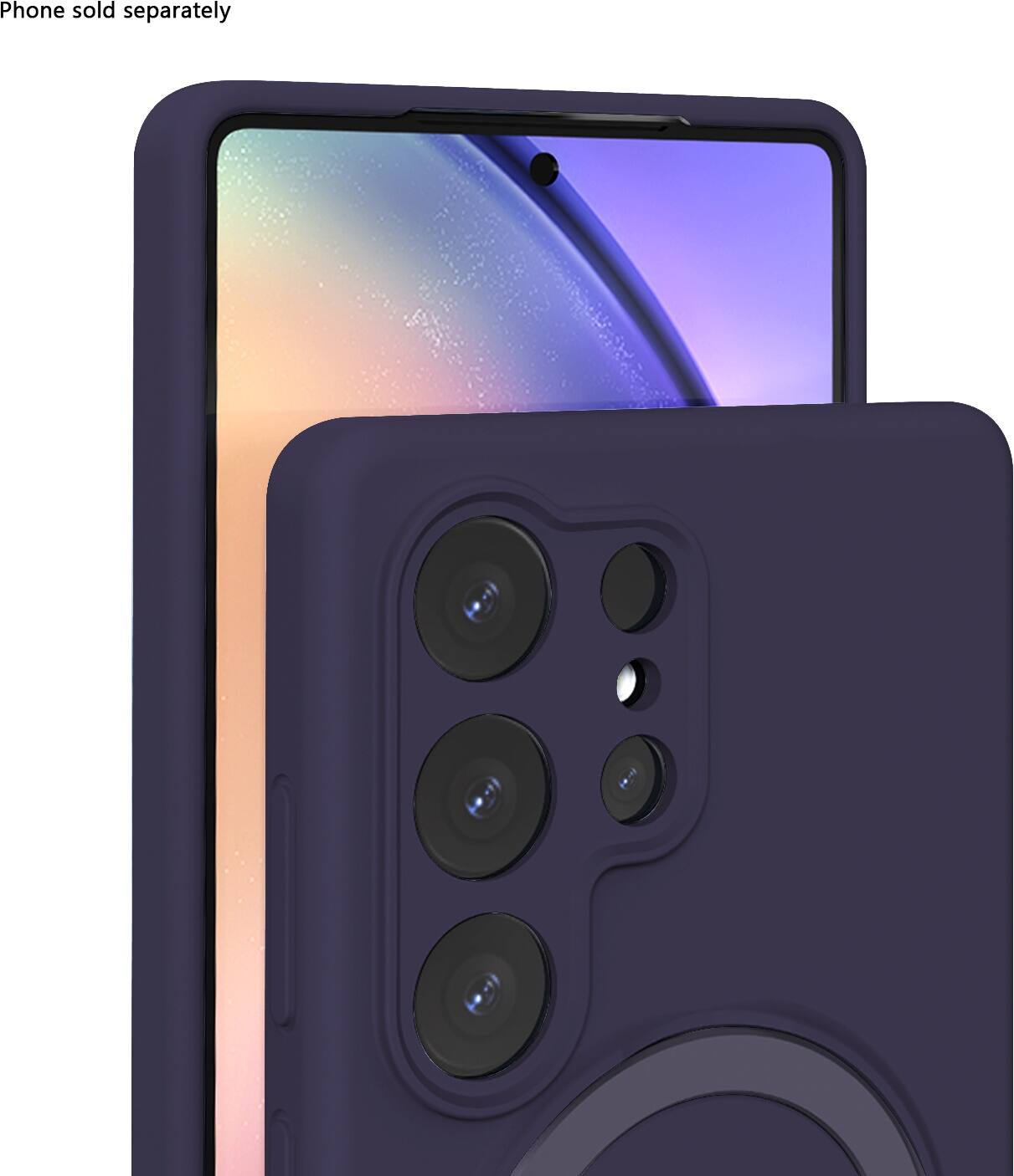 The image features a purple cell phone case with a circular design. The case is designed to protect the phone, which is not included with the case. The case is available for purchase separately.