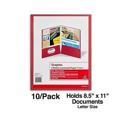 Staples 2-Pocket Laminated Paper Folders  
Go4y Fiosh Longer Lasting Vee  
10 Folders  
10/Pack  
Holds 8.5" x 11" Documents  
Letter Size