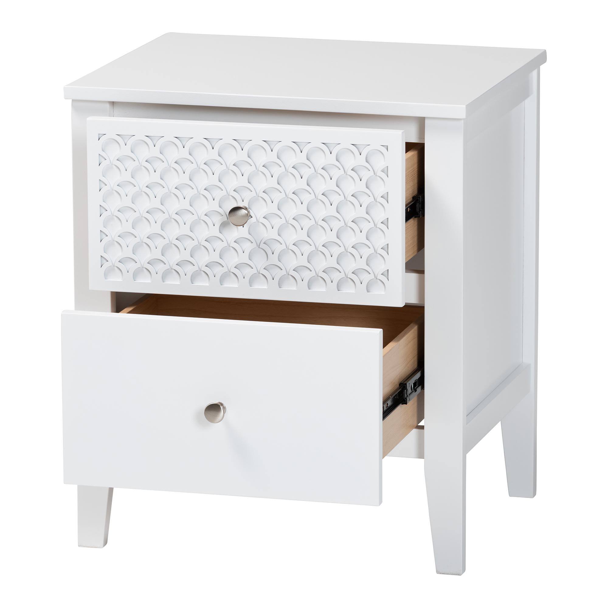 Angle. Baxton Studio - Lara Nightstand - 2-Drawer Bedside Table with Laser-Cut Geometric Overlay for Bedroom or Guest Room - White.