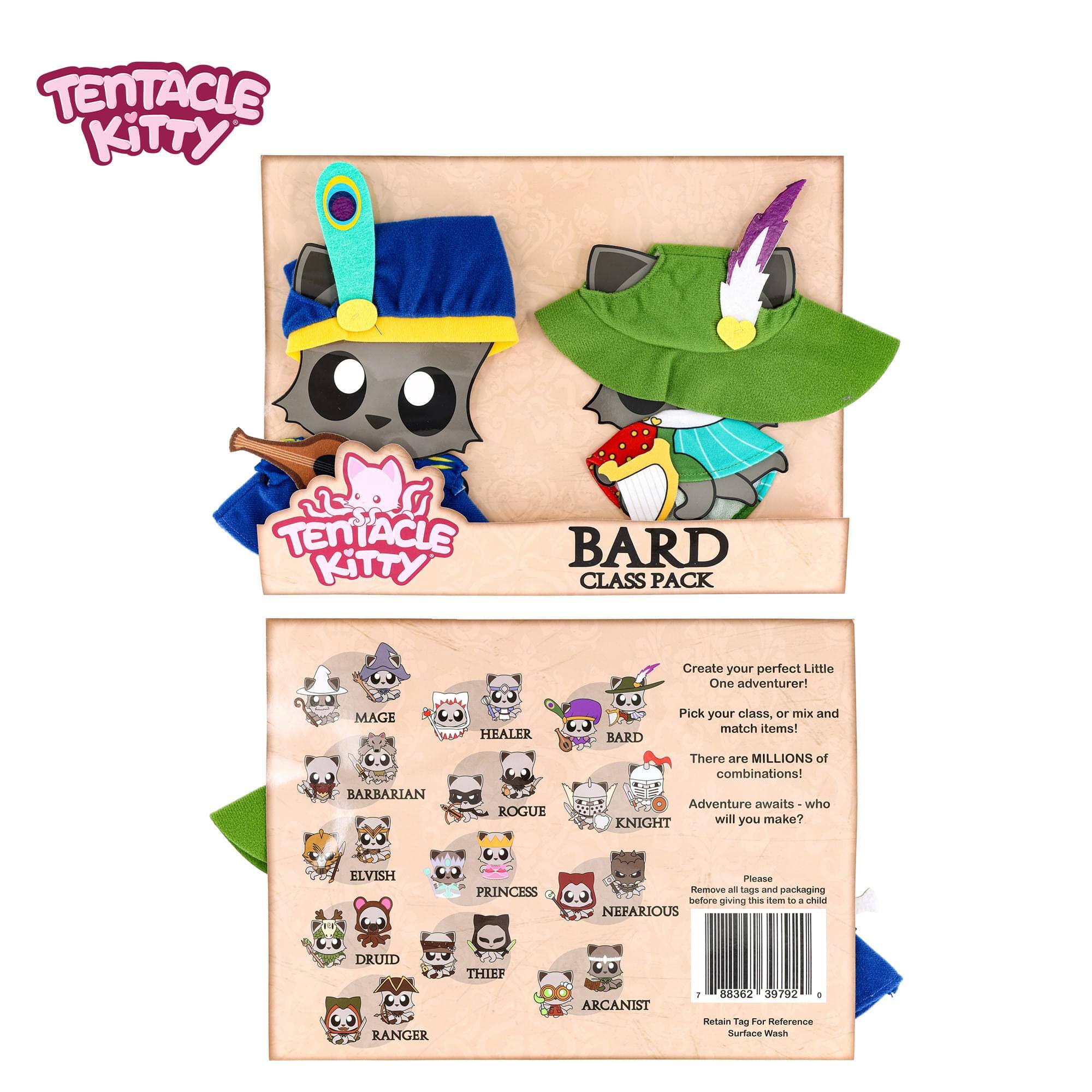 TENTACLE KITTY  
TENTACLE KITTY BARD CLASS PACK  

Create your perfect Little One adventurer!  
MAGE BARBARIAN HEALER ROGUE  
Pick your class, or mix and match items!  
BARD  
There are MILLIONS of combinations!  
Adventure awaits - who will you make?  

ELVISH PRINCESS  
NEFARIOUS DRUID THIEF RANGER ARCANIST  

Please Remove all tags and packaging before giving this item to a child  

Retain Tag For Reference  
Surface Wash