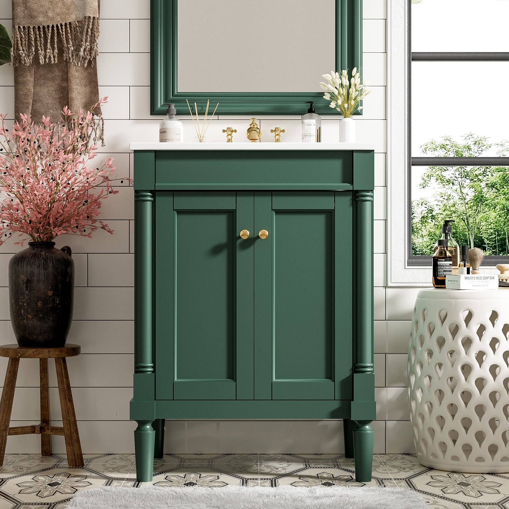 Alt View 3. Boyel Living - 24 Inch Bathroom Vanity Green with Ceramic Sink Solid Wood Frame Double Door Storage - Green.