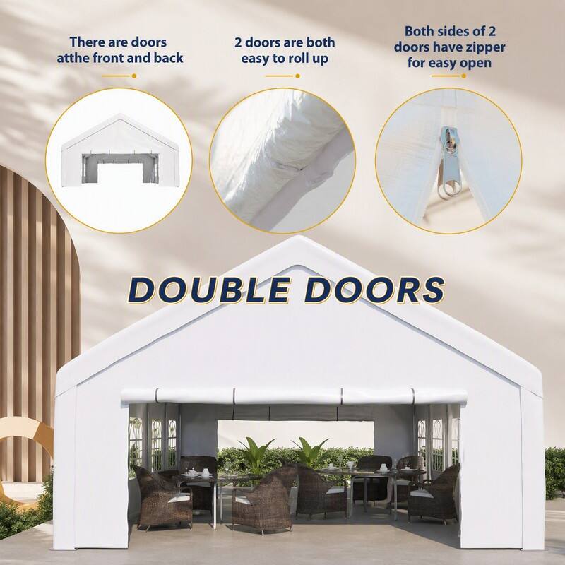There are doors at the front and back  
2 doors are both easy to roll up  
Both sides of 2 doors have zipper for easy open  
DOUBLE DOORS