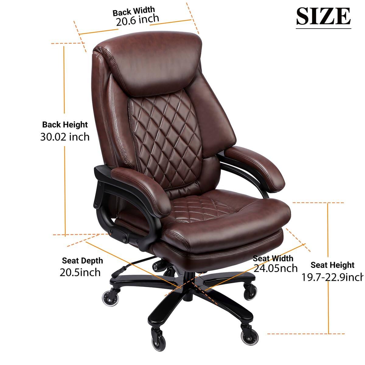 Back Width 20.6 inch  
Back Height 30.02 inch  
Seat Depth 20.5 inch  
Seat Width 24.05 inch  
Seat Height 19.7-22.9 inch