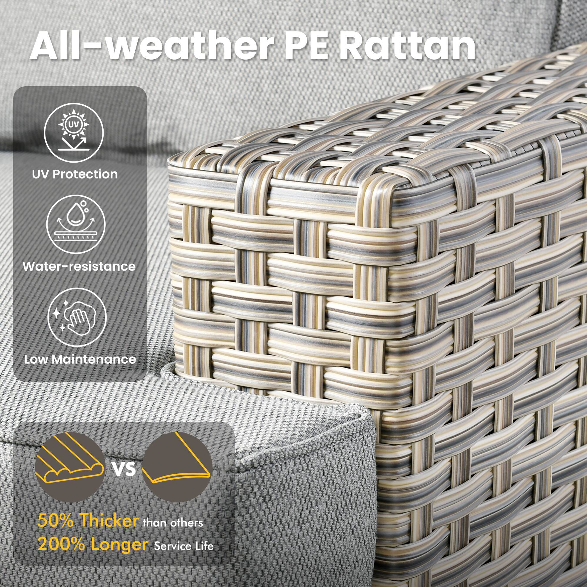 All-weather PE Rattan  
UV Protection  
Water-resistance  
Low Maintenance  
50% Thicker than others  
200% Longer Service Life
