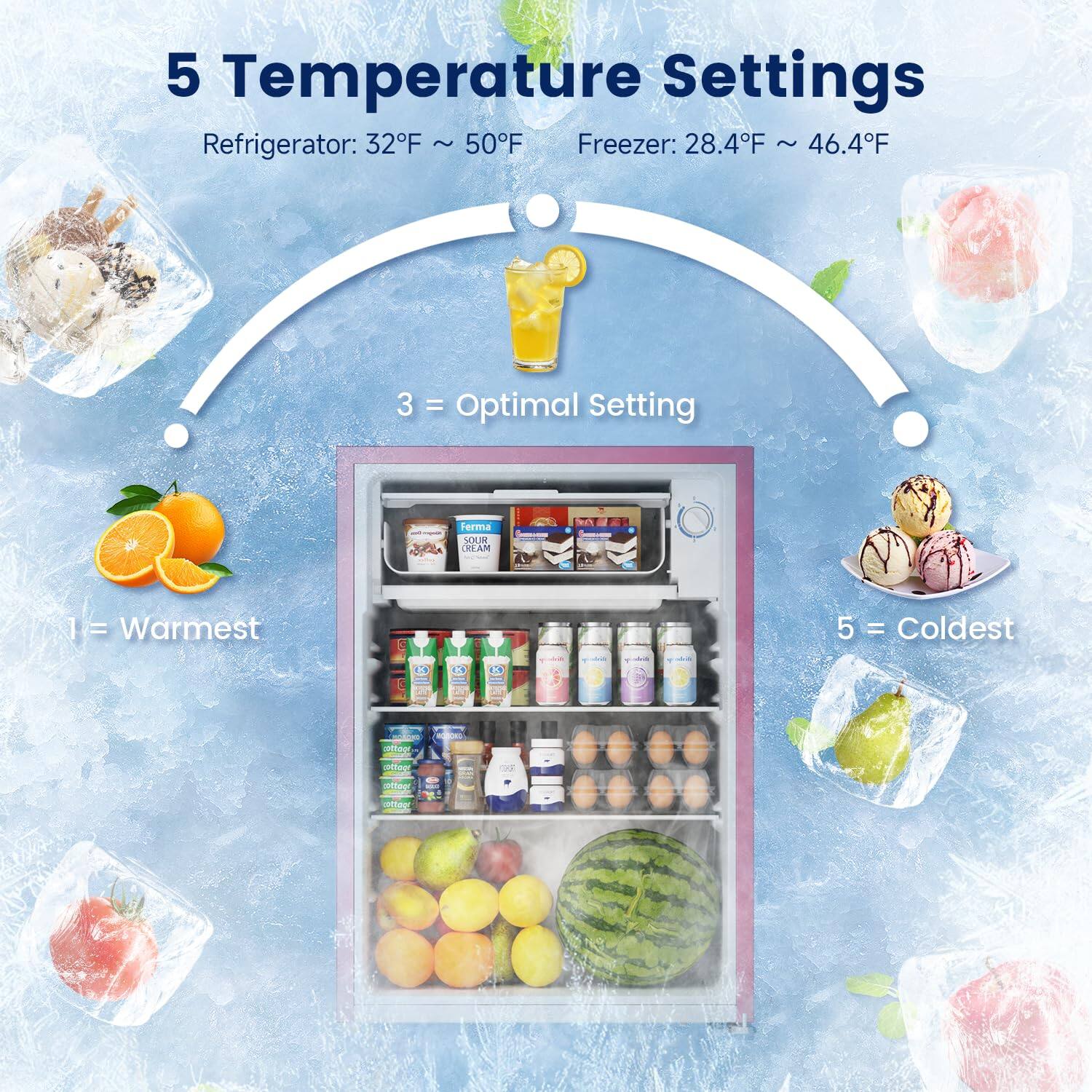 5 Temperature Settings  
Refrigerator: 32°F ~ 50°F  
Freezer: 28.4°F ~ 46.4°F  

3 = Optimal Setting  
1 = Warmest  
5 = Coldest  

Ferma SOUR CREAM  

CHICKEN adapes pottbage  
pottos  

commer - I apolition