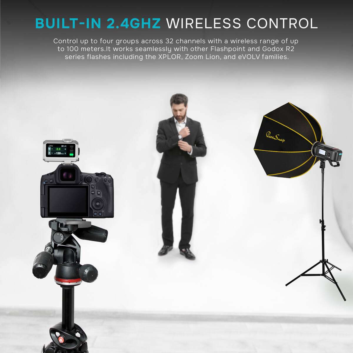 BUILT-IN 2.4GHZ WIRELESS CONTROL

Control up to four groups across 32 channels with a wireless range of up to 100 meters. It works seamlessly with other Flashpoint and Godox R2 series flashes including the XPLOR, Zoom Lion, and eVOLV families.