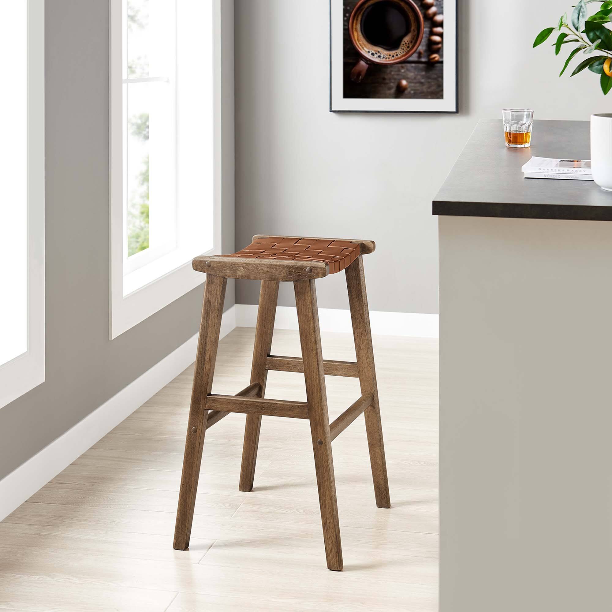 Alt View 1. Modway - Saoirse Leather Wood Bar Stool Set of 2 by Modway - Walnut Brown.